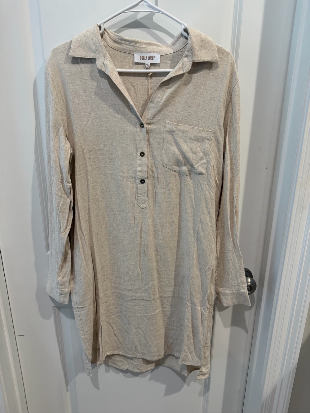 NWT DOLLY JOLLY Lightweight Button Henley Shirt Dress in Oatmeal Size Small